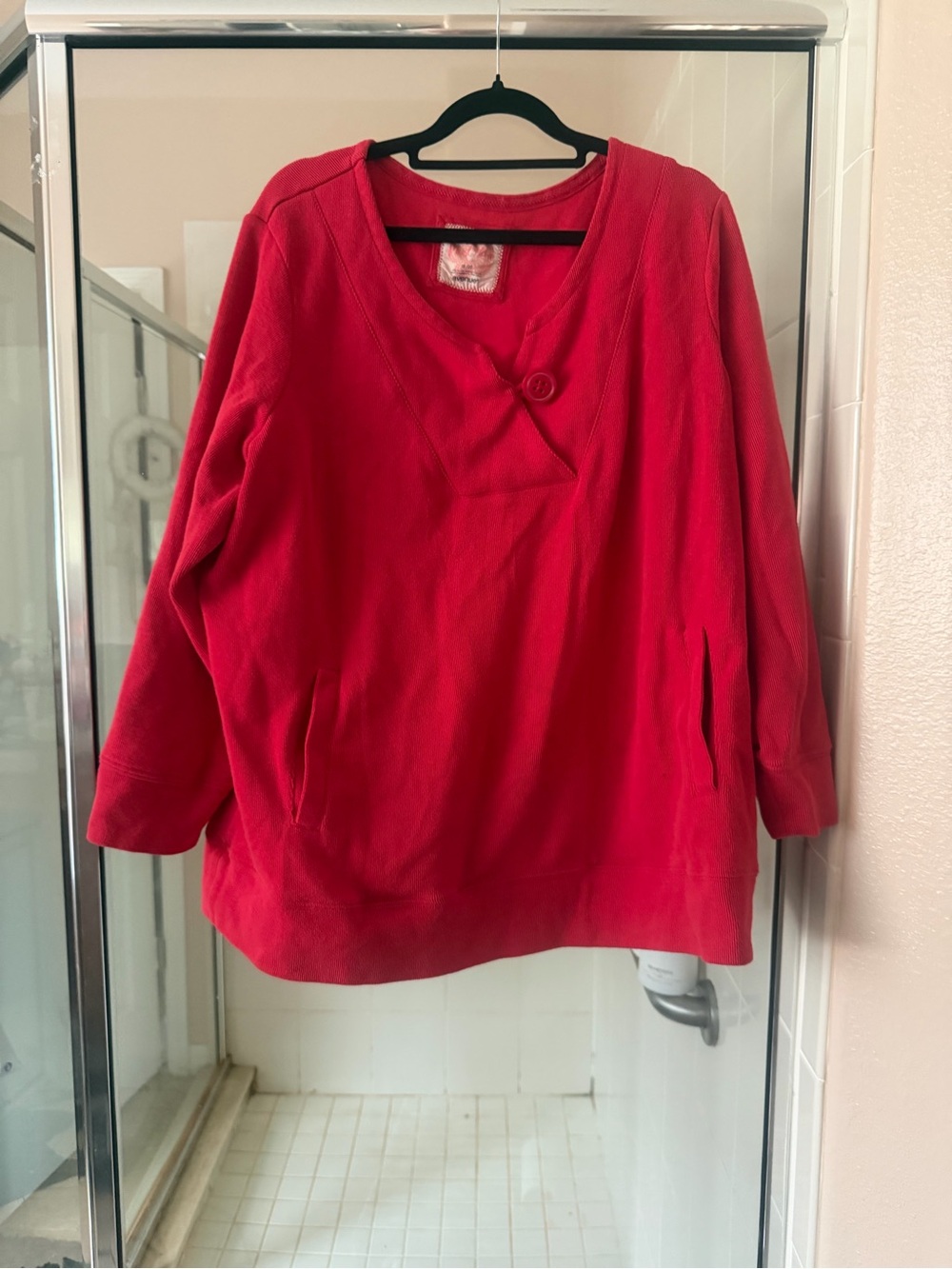 Avenue Red Long-Sleeve Button-Neck Pullover